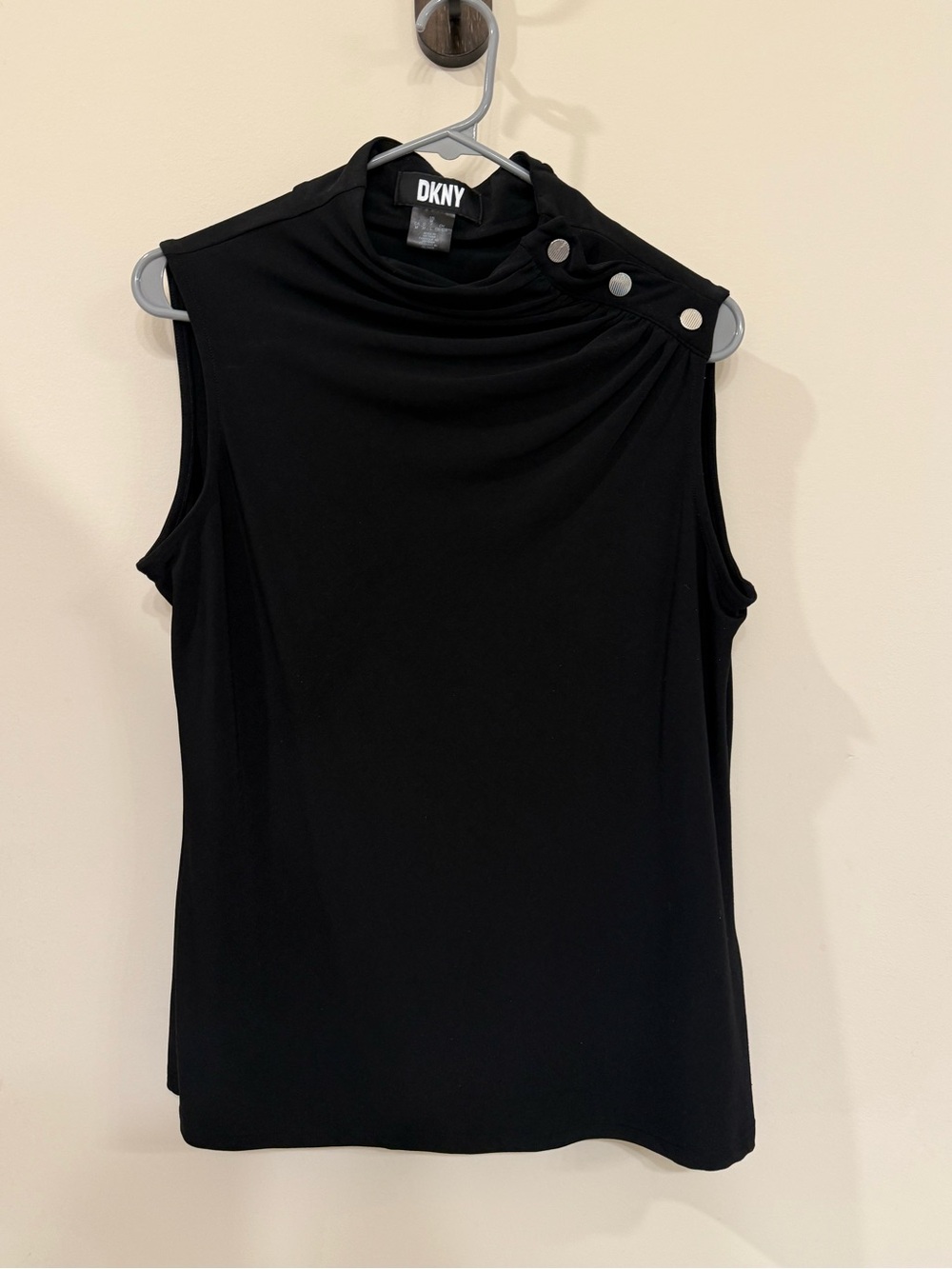 DKNY Black Sleeveless Mock Neck Tank with Snap-Shoulder Detail